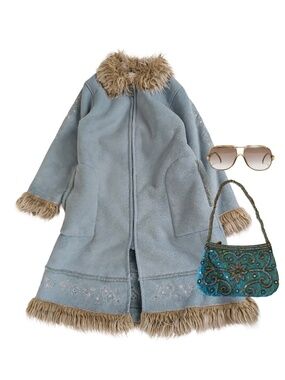 Vintage Girls Blue Afghan Coat Size 8 Long Faux Suede Fur Trim